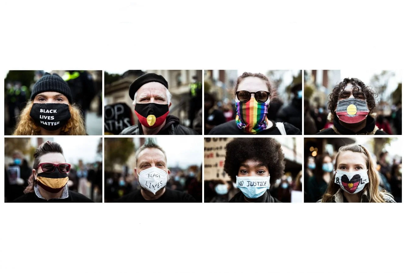 Headshot collage of protesters wearing masks during a rally in solidarity with the Black Lives Matter Movement on June 06, 2020 in Melbourne, Australia.