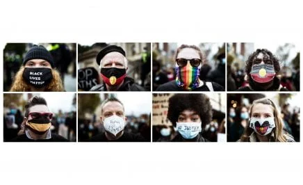Headshot collage of protesters wearing masks during a rally in solidarity with the Black Lives Matter Movement on June 06, 2020 in Melbourne, Australia.