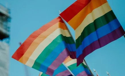 LGBTQIA+ flags waving against a blue sky