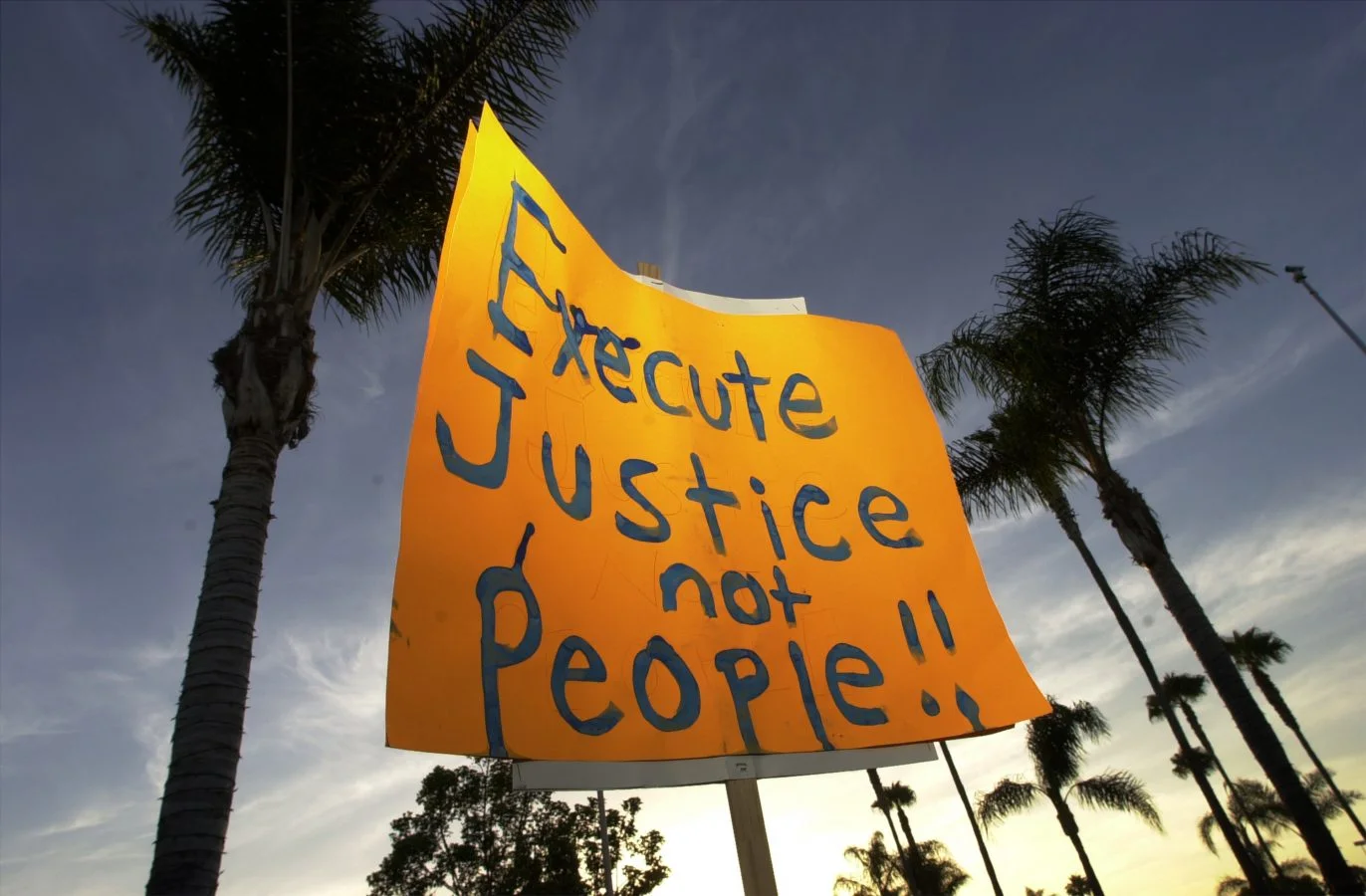 A protester holds a sign up against a backdrop of palm trees which reads 'execute justice not people' during an anti-death penalty protest.