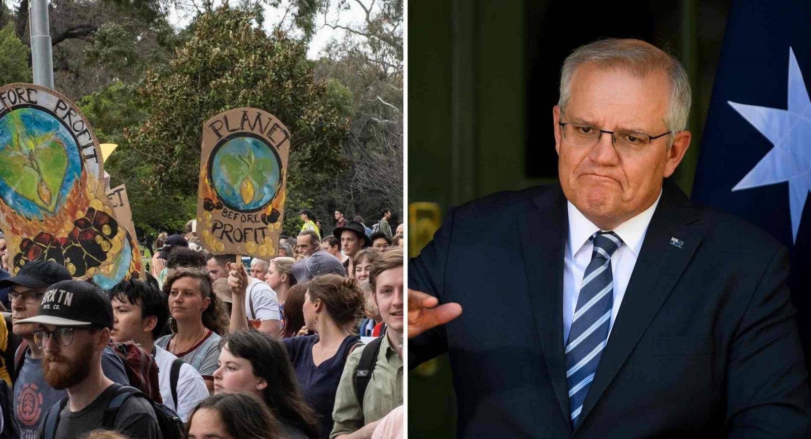 A split image - on the left, a crowd of school climate strikers. On the right, an image of Prime Minister Scott Morrison.