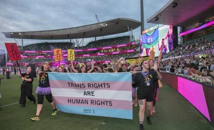People marching holding the trans flag with the words - Trans Rights are Human Rights