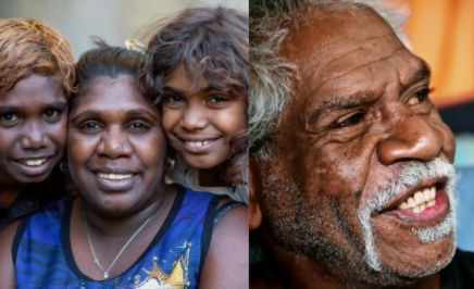 3 different images of Indigenous people, left to right - an Indigenous girl, a group image of an Indigenous boy, older woman and girl, and an image of an older Indigenous man,