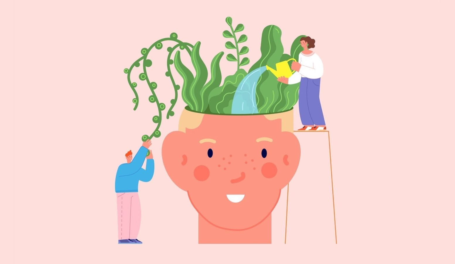 Animation of two people watering someone's mind, growing it like a garden.