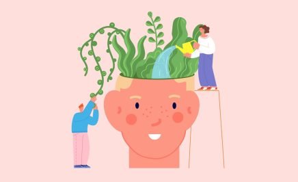 Animation of two people watering someone's mind, growing it like a garden.