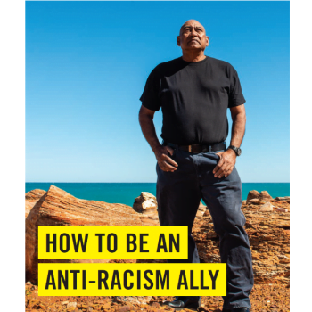 Anti-racism ally guide front cover, picturing Nolan Hunter standing in front of the ocean