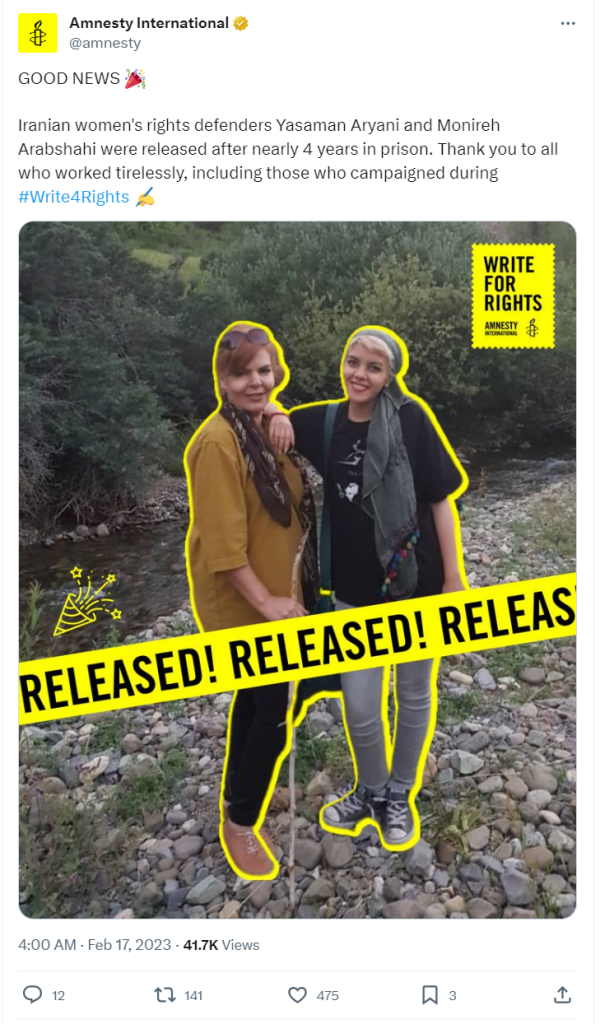 Tweet from AIA announcing Yasaman and Monireh's release from prison.