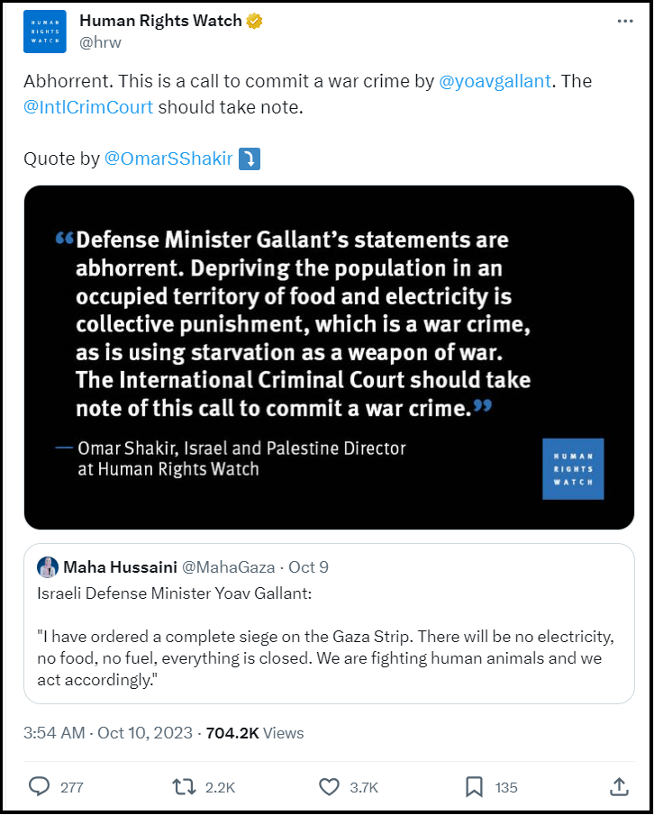Social media post by Human Rights Watch condemning statement from Israeli Defence Minister Yoav Gallant