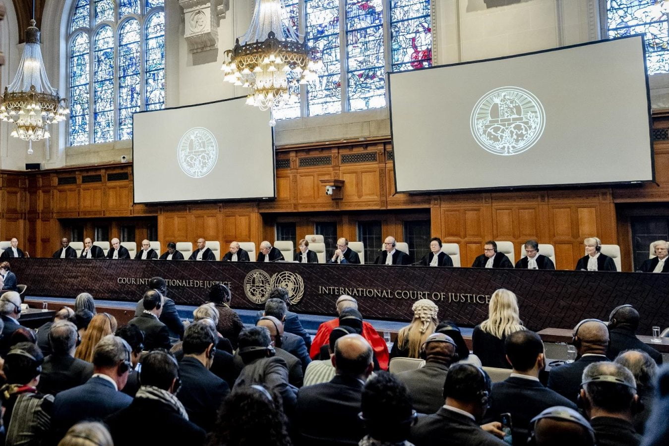 ICJ President Joan Donoghue (C) speaks at the International Court of Justice (ICJ) prior to the verdict announcement in the genocide case against Israel, brought by South Africa, in The Hague on January 26, 2024.