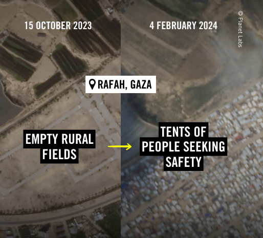 Side-by-side aerial shots showing the appearance of massive encampments of temporary dwellings in Rafah, Gaza, between October 2023 and February 2024. 