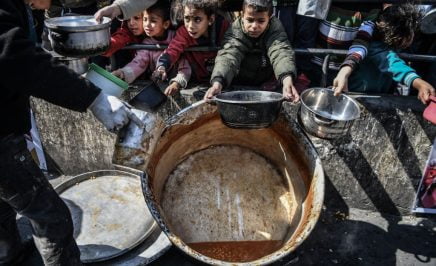 Palestinians hold out containers after waiting in long queues for food in Rafah, as aid organisations struggle to meed demand.