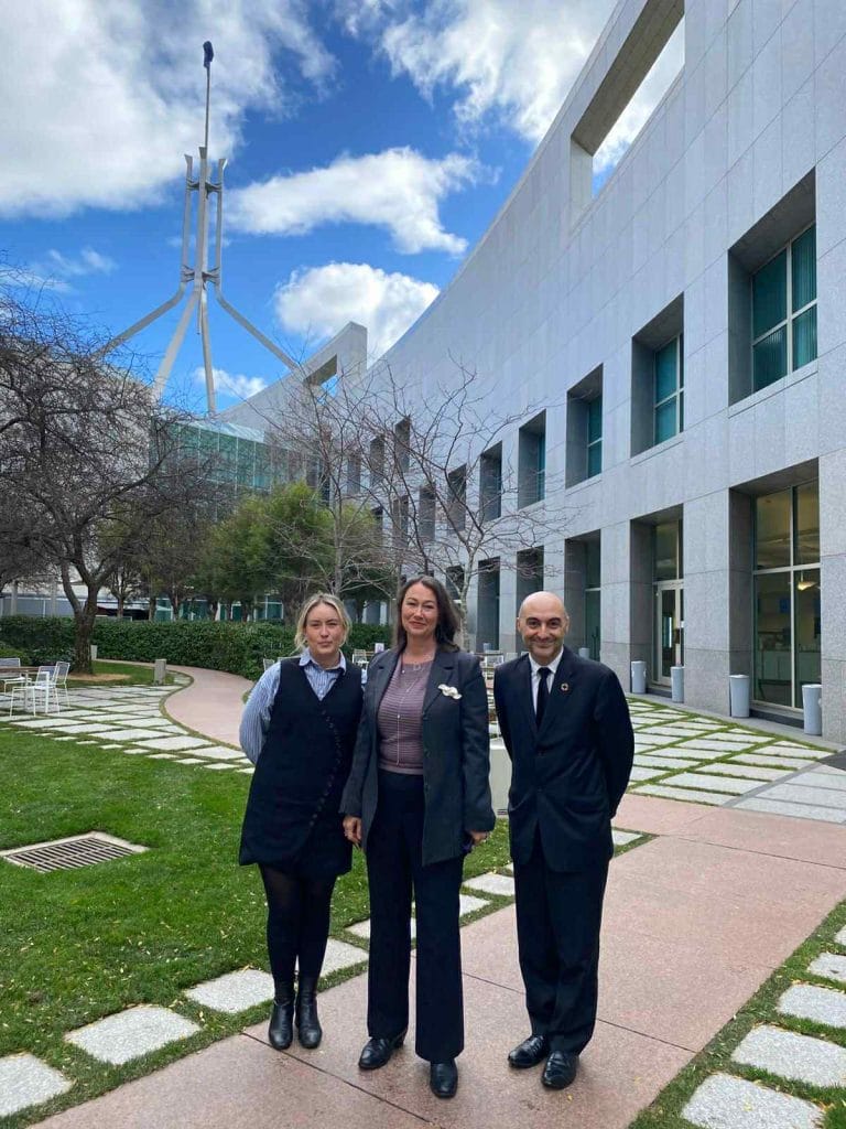 Left to right: Nikita White, Strategic Campaigner at Amnesty International Australia, Caitlin Reiger, CEO of the Human Rights Law Centre and Daney Faddoul, Campaigner Manager at the Human Rights Law Centre. Parliament House June 2025