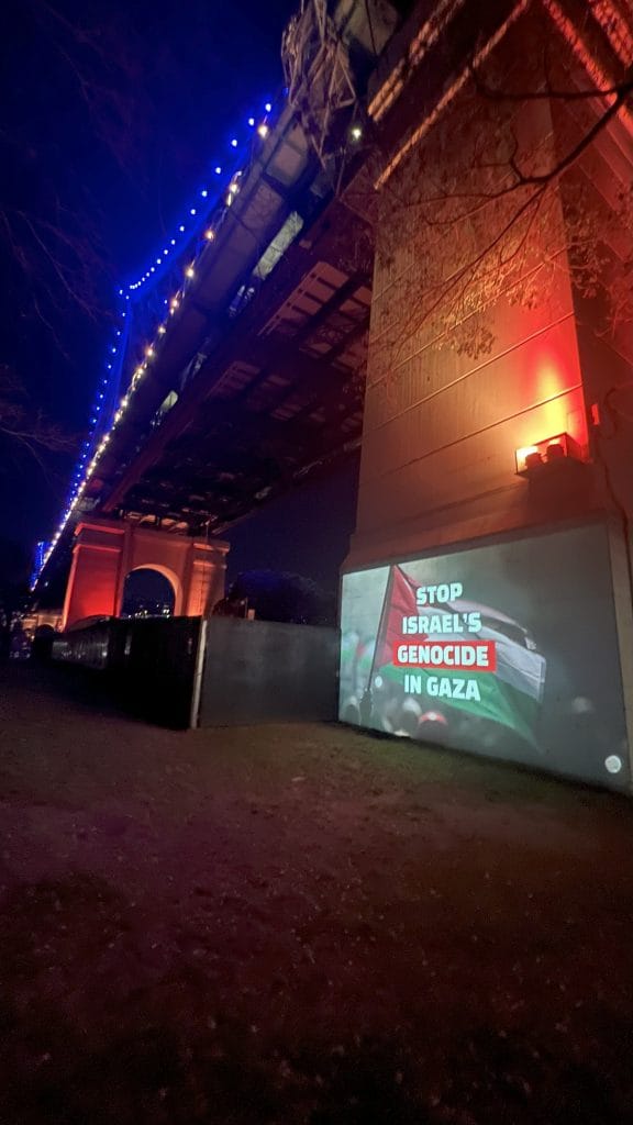 Capital city landmarks lit up by projections calling for an end to Israel’s genocide in Gaza - Brisbane, August 2025. Credit: Earth Projectors