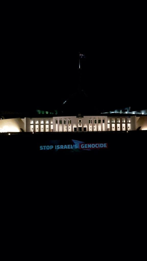 Capital city landmarks lit up by projections calling for an end to Israel’s genocide in Gaza - Canberra, August 2025
