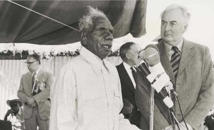 Vincent Lingiari addressing the media after Prime Minister Gough Whitlam officially returns Aboriginal land at Daguragu (Wattie Creek), Northern Territory, August 1975