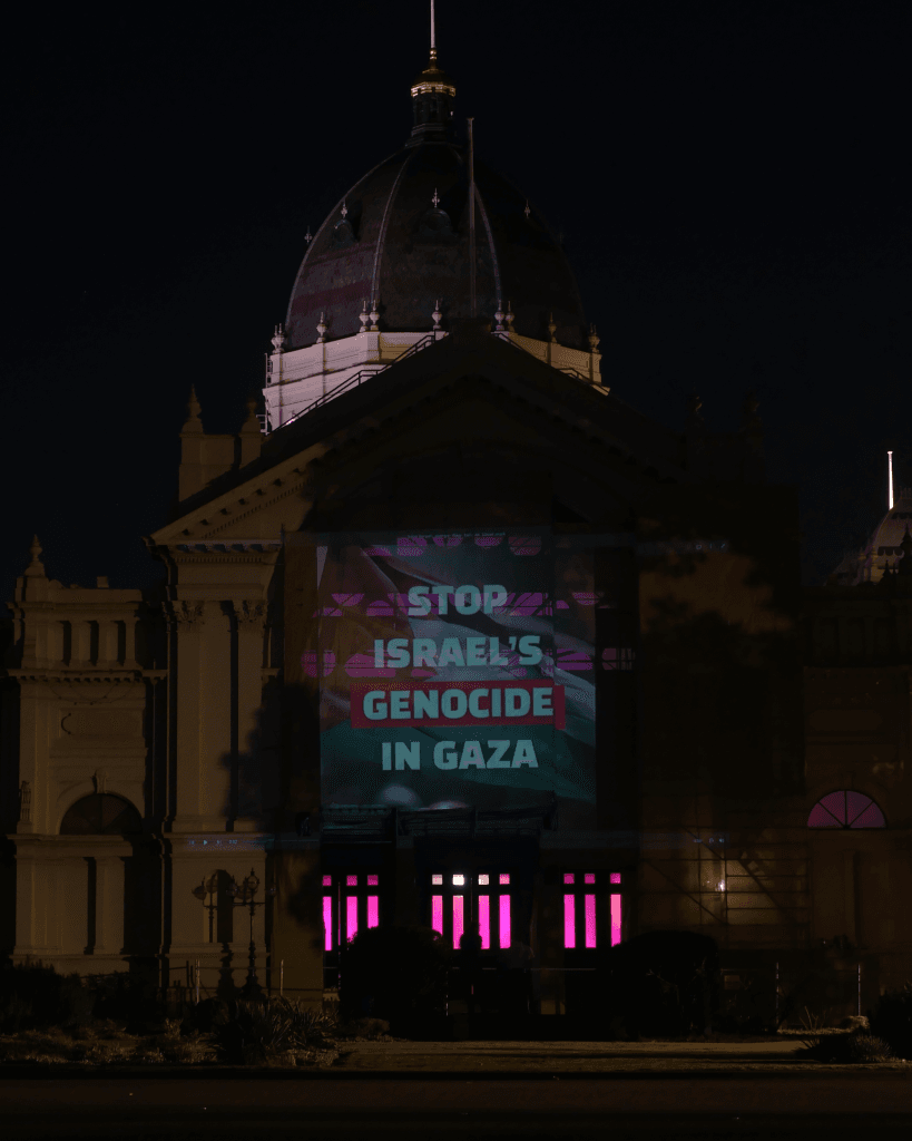 Capital city landmarks lit up by projections calling for an end to Israel’s genocide in Gaza - Melbourne, August 2025