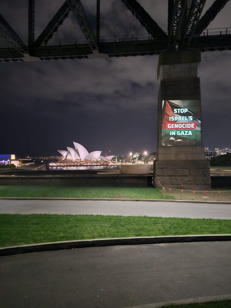 Capital city landmarks lit up by projections calling for an end to Israel’s genocide in Gaza - Sydney, August 2025