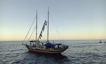 AT SEA - SEPTEMBER 30: A view from Global Sumud Flotilla, which is an international initiative aimed at reaching the Gaza to deliver humanitarian aid, at sea on September 30, 2025. Global Sumud Flotilla around 220 nautical miles away from Gaza, 150 from high-risk zone, according to organizers, activists.
