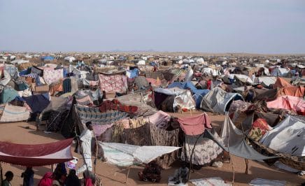 TOPSHOT - Makeshift shelters erected by displaced Sudanese who fled El-Fasher after the city fell to the Rapid Support Forces (RSF), make up the Um Yanqur camp, located on the southwestern edge of Tawila, in war-torn Sudan's western Darfur region on November 3, 2025. (Photo by AFP) (Photo by -/AFP via Getty Images)