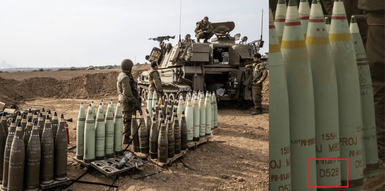 Pictured: Verified images of Israeli munitions in Sderot, Israel on 9 October 2023 that identify artillery shells with US Department of Defence artillery shells containing White Phosphorus. 